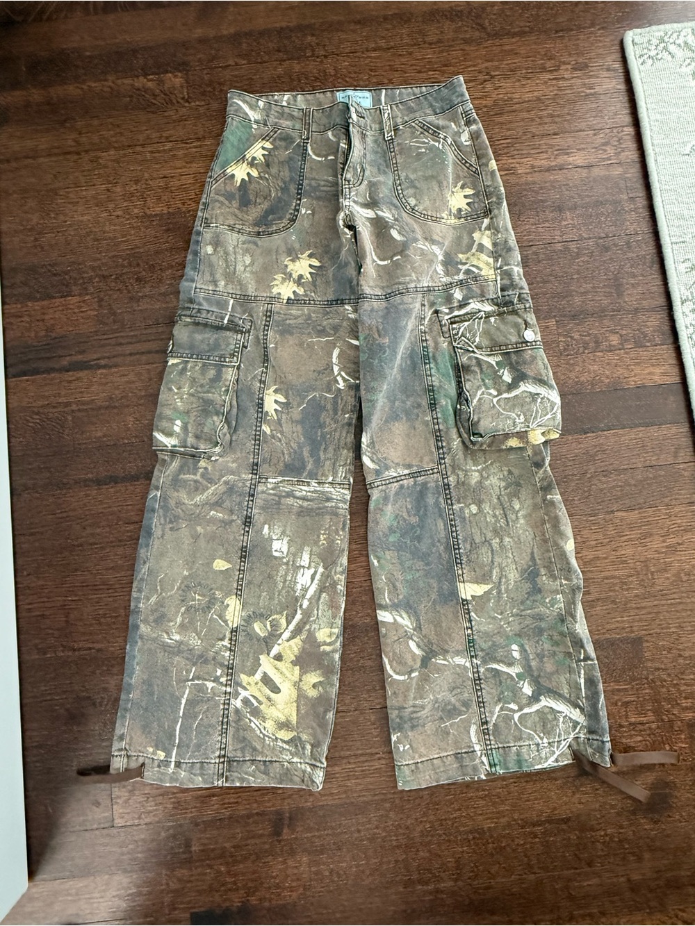 REVICE Wide Leg Cargo Pants in Camouflage Print with Yellow Accents